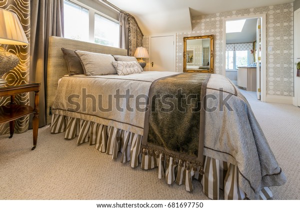 Modern Comfortable Elegant Luxury Master Bedroom Stock Photo