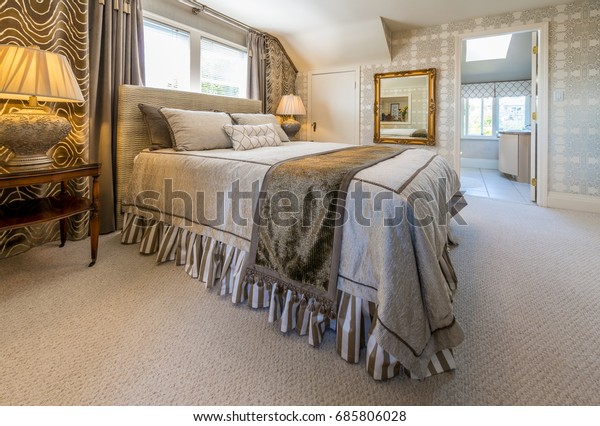 Modern Comfortable Elegant Luxury Master Bedroom Stock Photo