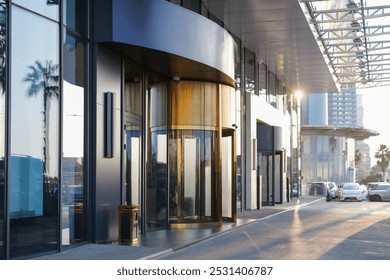 Modern commercial building entrance with a glass facade, revolving doors, and street reflections in a business district, sunny day with cars parked on the sidewalk - Powered by Shutterstock