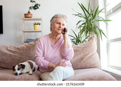 Modern Communication. Smiling elderly woman talking on cellphone at home, Senior woman resting on couch with dog in living room - Powered by Shutterstock