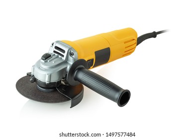 modern compact angle grinder, yellow machine on white background