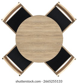 A modern and compact dining set, viewed from a top-down perspective, featuring a round table with a light white oak finish and a diameter of 52 cm. Designed for four people