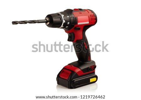 Modern compact and powerful cordless drill, screwdriver with drill bit, on white background