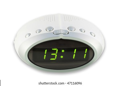 Modern Compact White  Digital Electronic Clock From Radio. It Is Isolated On The White. MAss Production.