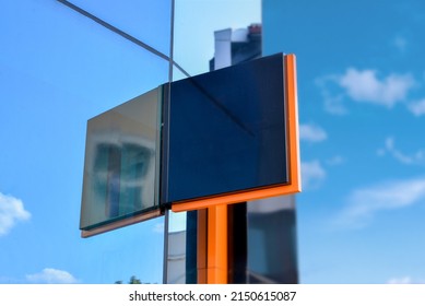 Modern Company Sign On A Glass Building. Blank For Logo, Brand Presentation