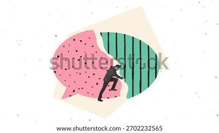 Modern composition featuring a man pushing between two giant patterned speech bubbles. Concept of conflict resolution, communication barriers, and workplace tension.