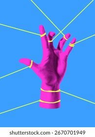 Modern composition. Hand trapped in web of strings symbol of restriction stress and struggle. Concept of mental health, pressure, resistance, protest, social constraints and emotional expression.