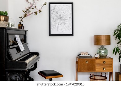 Modern composition of home interior with stylish black piano, design cabinet, cacti, flower, lamp, decoration, mock up poster map and elegant personal accessories in stylish home decor. - Powered by Shutterstock