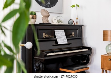 Modern composition of home interior with stylish black piano, design furnitures, carpet, cacti, plants, decoration, mock up painitngs and elegant personal accessories in home decor.