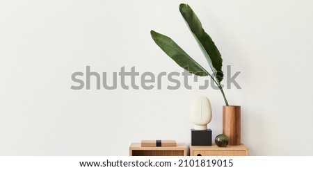 Modern composition of living room interior with design wooden bookcase, tropical leaf in vase, book, decoration, glassy ball and copy space on the white wall. Template.