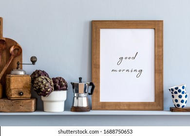 Modern Composition On The Kitchen Interior With Mock Up Photo Frame, Wooden Cutting Board, Coffee Percolator, Vegetables And Kitchen Accessories In Stylish Home Decor.