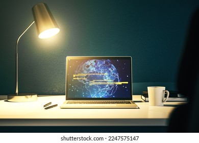 Modern computer display with abstract programming language hologram and world map, artificial intelligence and neural networks concept. 3D Rendering