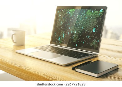Modern computer display with abstract programming language hologram and world map, artificial intelligence and neural networks concept. 3D Rendering