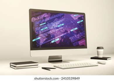 Modern computer display with abstract programming language hologram and world map, artificial intelligence and neural networks concept. 3D Rendering