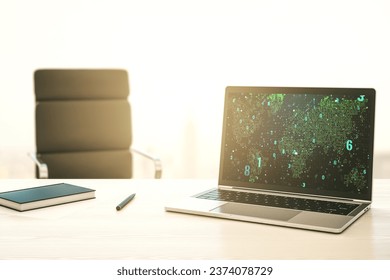 Modern computer display with abstract software development hologram and world map, global research and analytics concept. 3D Rendering