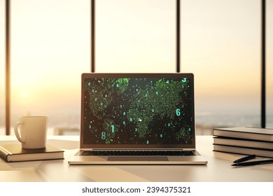 Modern computer display with abstract software development hologram and world map, global research and analytics concept. 3D Rendering