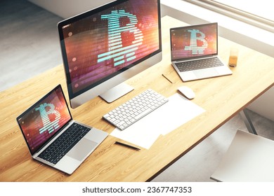 Modern computer display with creative Bitcoin symbol hologram. Mining and blockchain concept. 3D Rendering
