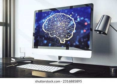 Modern computer display with creative human brain microcircuit. Future technology and AI concept. 3D Rendering