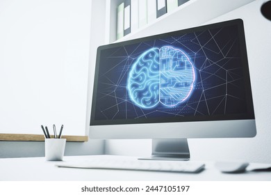 Modern computer display with creative human brain microcircuit. Future technology and AI concept. 3D Rendering