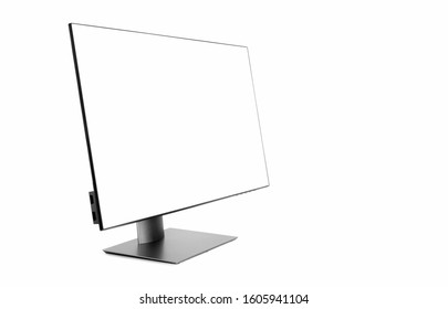 Modern computer display, Flat computer blank screen monitor with clipping path isolated on white background, copy space on the right