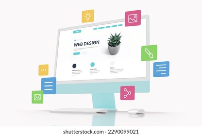 Modern computer display with a web design page on the screen, surrounded by colorful flying web design icons