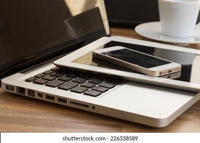 Modern Computer Gadgets  - Laptop, Tablet And Phone Close Up