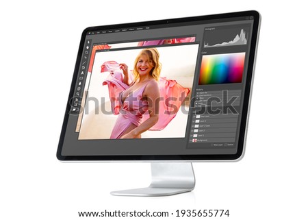 Modern computer with graphic editor software on screen, isolated on white