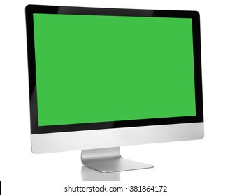 Modern Computer With Green Screen, Isolated On White