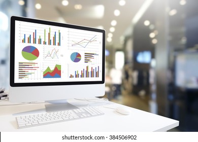 Modern computer with keyboard and mouse on table showing charts and graph against office background in blue tone, Analysis Business, Statistics Concept. - Shutterstock ID 384506902