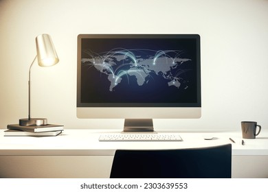 Modern computer monitor with abstract digital world map with connections, research and strategy concept. 3D Rendering
