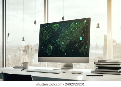 Modern computer monitor with abstract programming language with world map, research and development concept. 3D Rendering - Powered by Shutterstock - Get 15% off with code: PIKWIZARD15