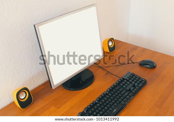 Modern Computer On Wooden Desk Speakers Stock Photo Edit Now