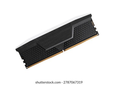 Modern computer RAM memory module isolated on a white background. High performance hardware component designed for gaming PCs, workstations, and advanced computing technology concepts.