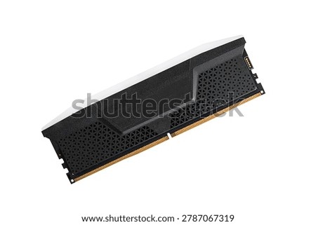 Modern computer RAM memory module isolated on a white background. High performance hardware component designed for gaming PCs, workstations, and advanced computing technology concepts.