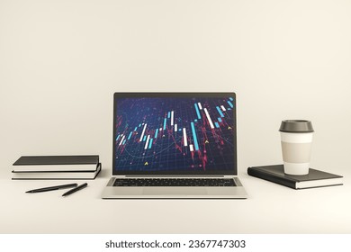 Modern computer screen with abstract creative financial chart, research and analytics concept. 3D Rendering