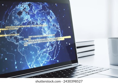 Modern computer screen with abstract creative coding sketch and world map, artificial intelligence and neural networks concept. 3D Rendering