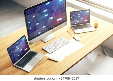 Modern computer screen with abstract creative coding sketch, artificial intelligence and neural networks concept. 3D Rendering