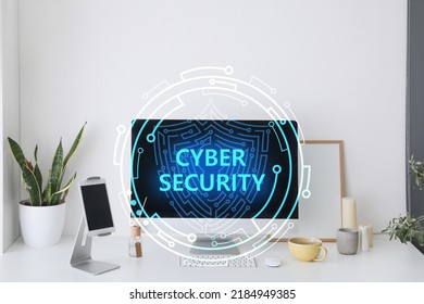 Modern Computer At Workplace. Cyber Security Concept