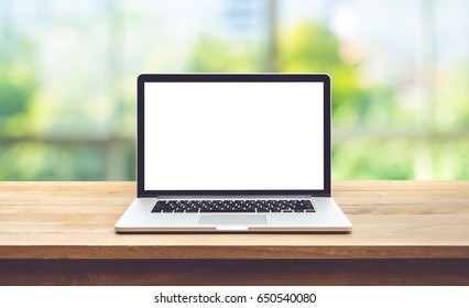 Modern Computer,laptop With Blank Screen On Table With Window View Backgrounds