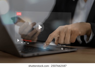 Modern concept live streaming and video content creation, business use technology laptop with multiple video play and live stream, digital media and online communication, social media marketing