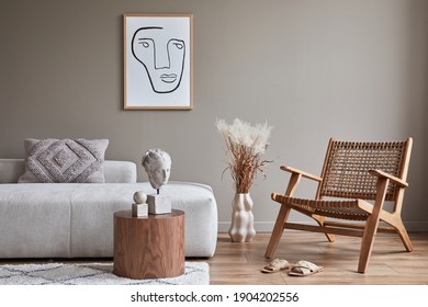 Modern Concept Of Living Room Interior With Design Modular Sofa, Rattan Armchair, Dried Flowers In Vase, Coffee Table, Decoration And Elegant Personal Accessories In Stylish Home Decor. Template.