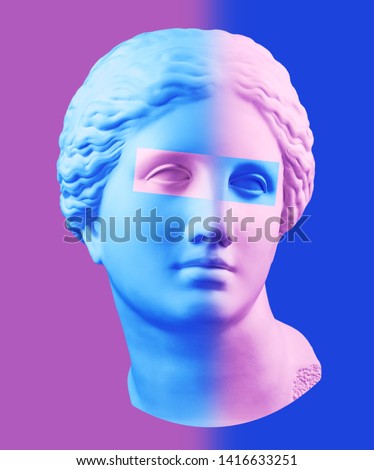 Modern conceptual art poster with blue purple colorful antique Venus bust. Contemporary art collage.