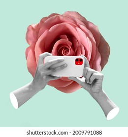Modern conceptual art poster with a  girl with beautiful flower instead of a head and hands holding a smartphone in a mas surrealism style. Contemporary art collage  - Shutterstock ID 2009791088
