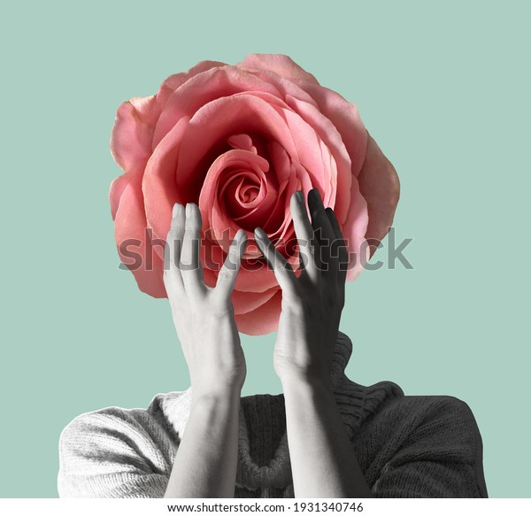 Modern conceptual art poster with a  girl with
beautiful flower instead of a head and hands in a mas surrealism
style. Contemporary art collage
