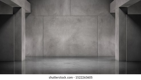 Modern Concrete Wall with Marble Floor and Pillars Background Empty Room