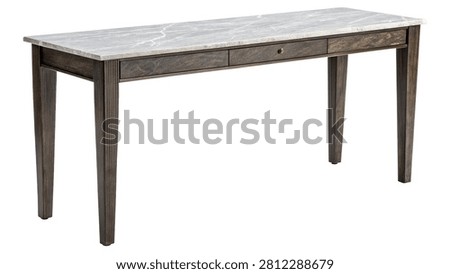 A modern console table with a gray sintered stone top isolated on white transparent background.