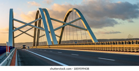 Modern Construction Highway Bridge At Sunset