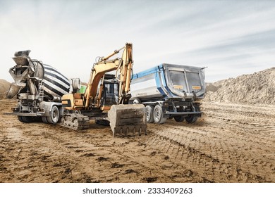 Modern construction machinery at a construction site in a quarry. Powerful modern equipment for earthworks. Rental of construction equipment. Excavator, dump truck, bulldozer, loader - Shutterstock ID 2333409263