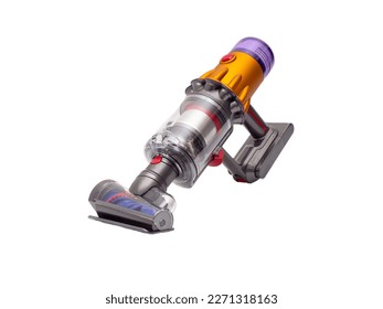 Modern cordless vacuum cleaner isolated on white background. Powerful cordless colorful cyclonic dust collection. New technologies.