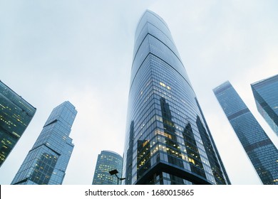 Modern corporate buildings against blue sky. High-rise buildings in Moscow city. Blue colored skyscrapers of business center. 